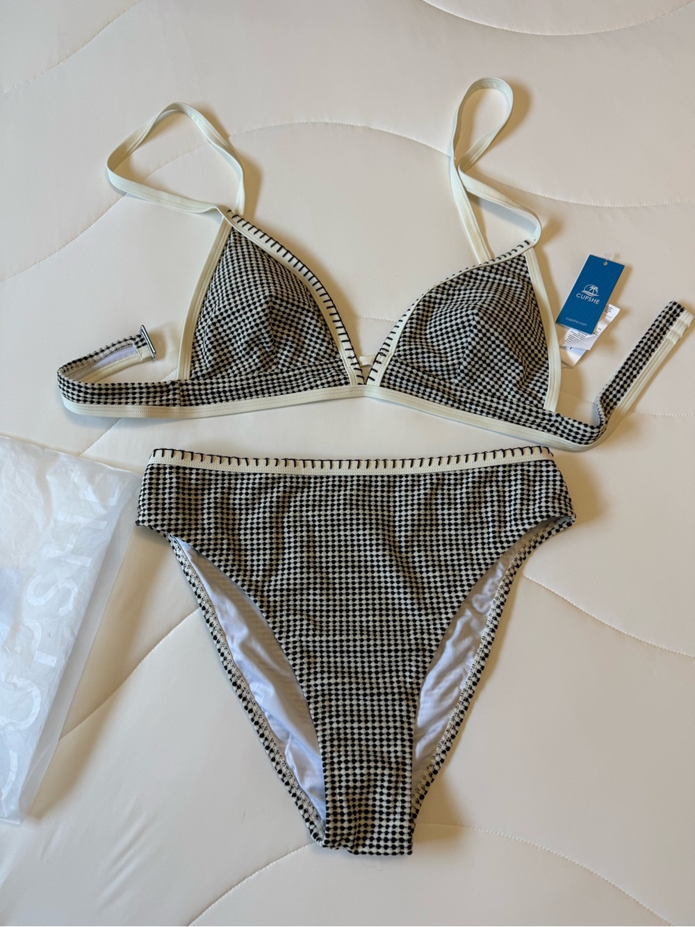 Cupshe Black and Cream Gingham Triangle Bikini